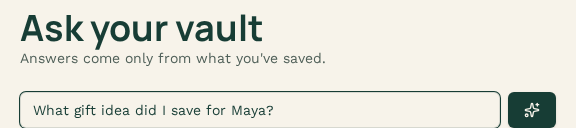 Actual Ask your vault screen with a sample question entered; no generated answer is shown