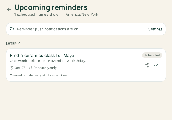 Actual reminders screen showing a sample ceramics class reminder scheduled for October 27