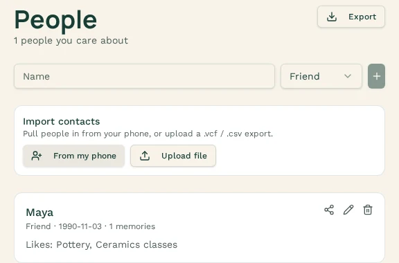 Recollect People screen with sample records